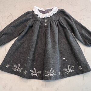 ETTOI‎ Baby Girls Dress 2Y Gray Winter Long Sleeve Ruffle Collar Embroidered